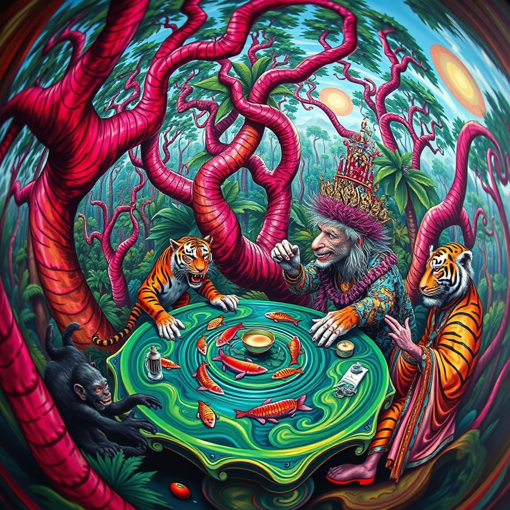 Surreal Rainforest with Hybrid Creatures and Melting Scenery