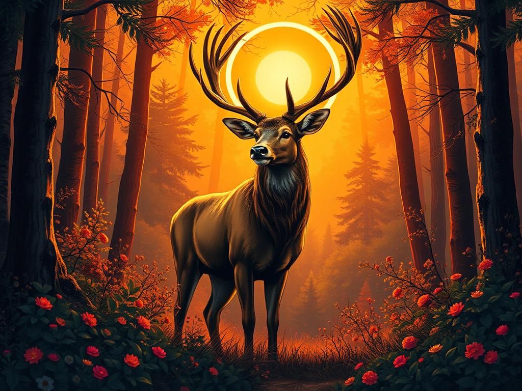 Majestic Stag in Jewel-Toned Forest Illustration