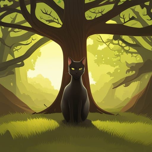 Black Cat in Sunny Forest Storybook Illustration