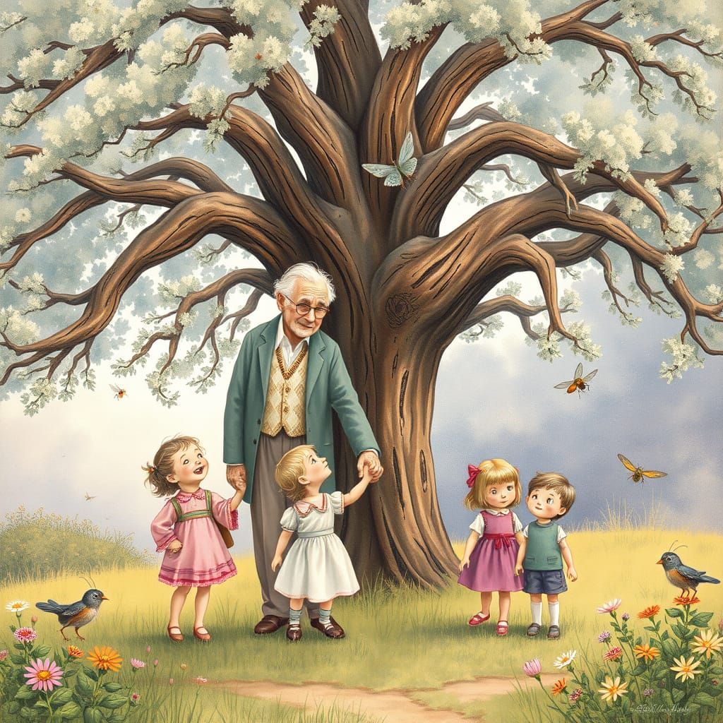 Elderly Couple Surrounded by Grandchildren in Whimsical Wood...