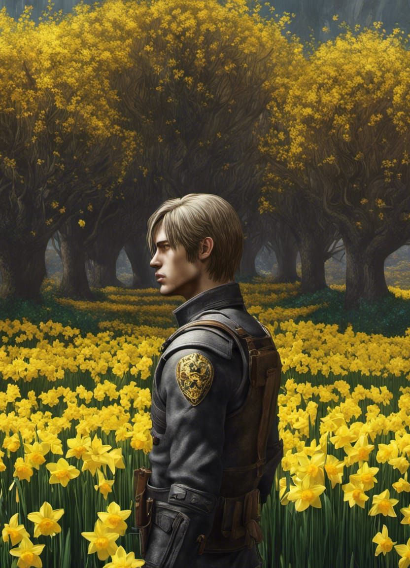 Leon S Kennedy in a sea of daffodils - because why not?