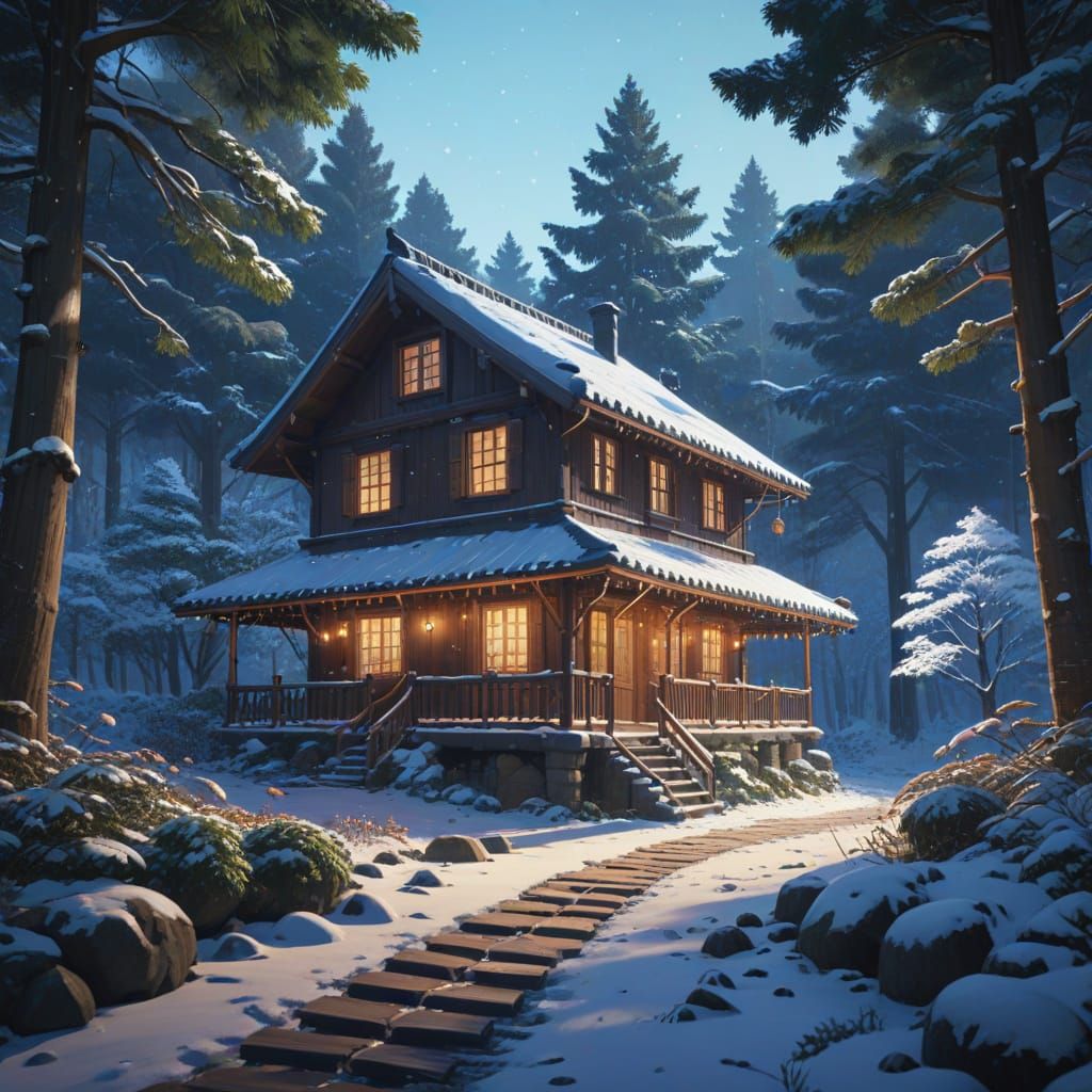 Anime Wooden House in Winter Forest, Ghibli Style