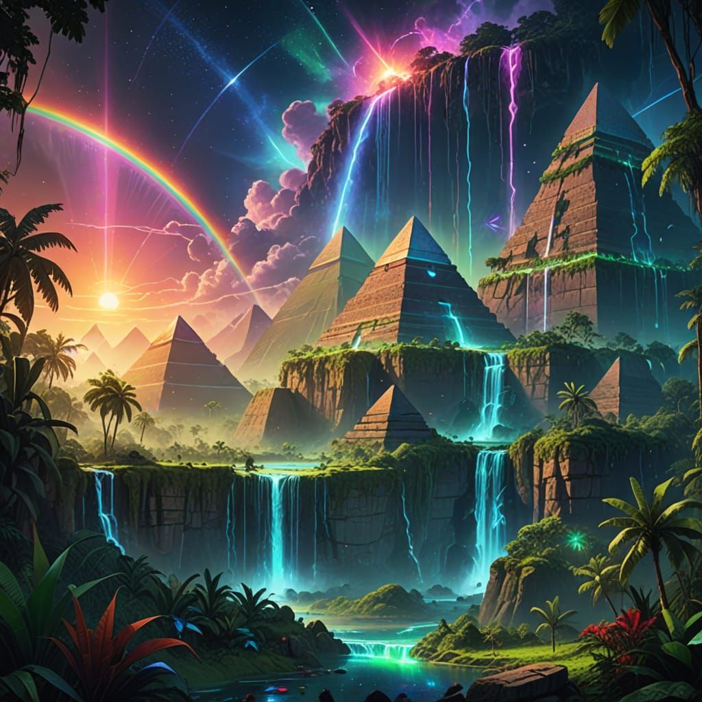 Ethereal Fantasy Landscape with Neon Pyramids and Waterfalls