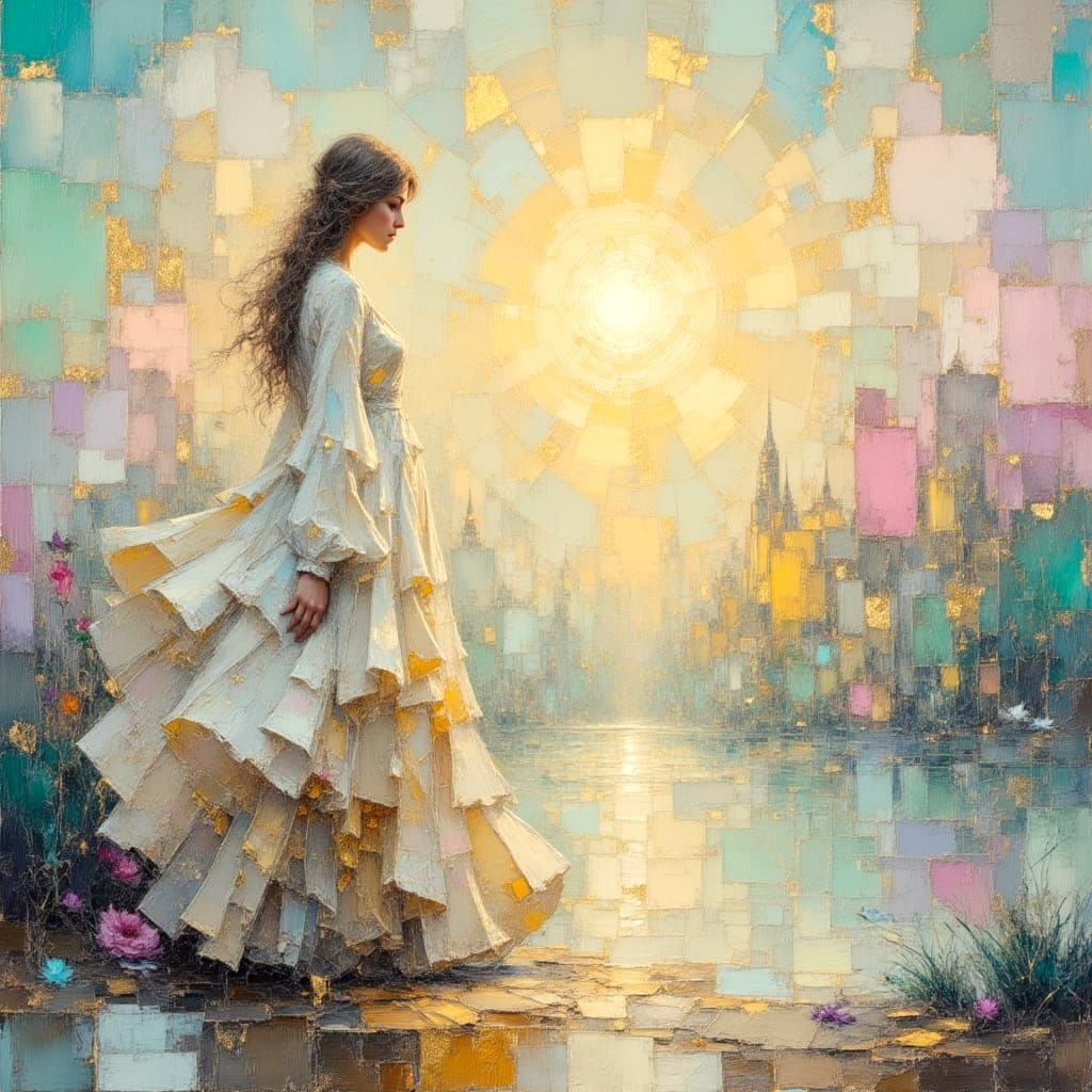 Illuminated Cityscape with Impasto Oil Painting Texture