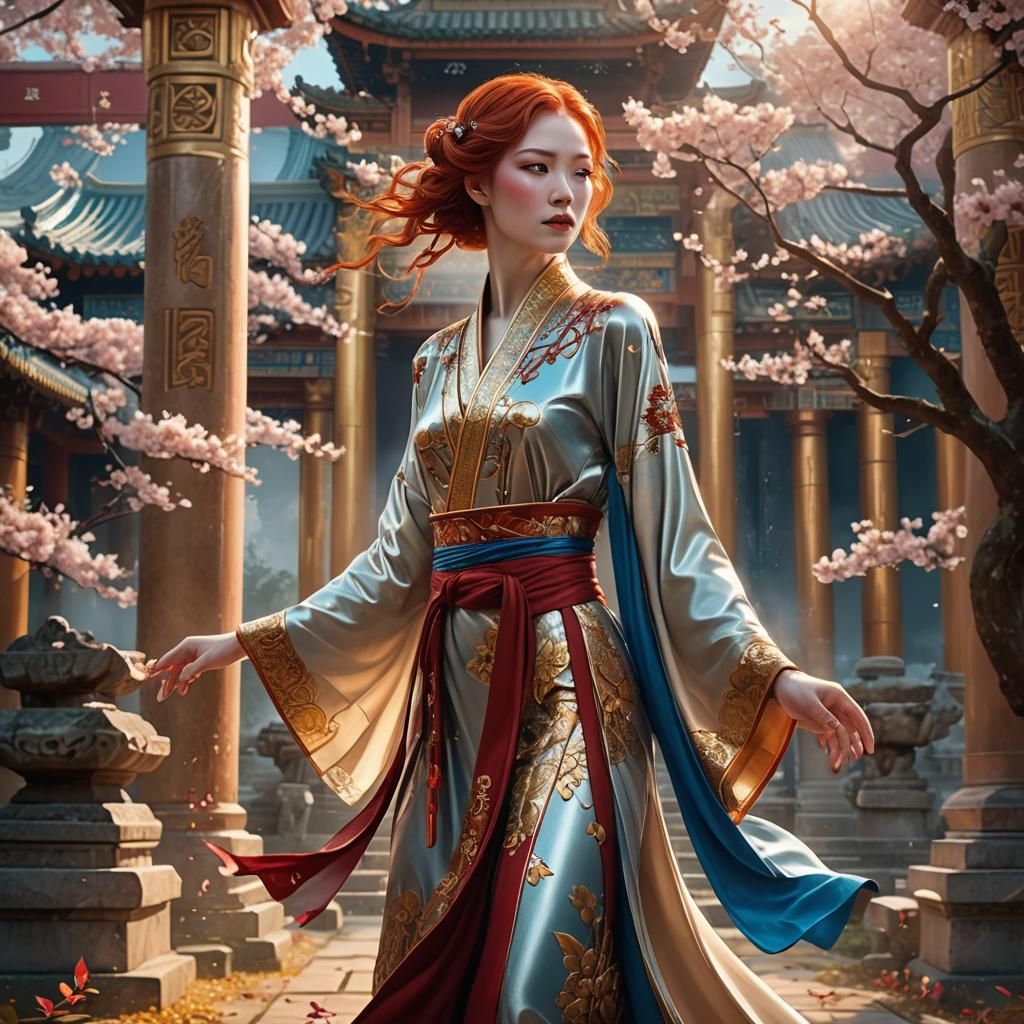 Shaolin Woman in Art Deco Temple, Digital Art