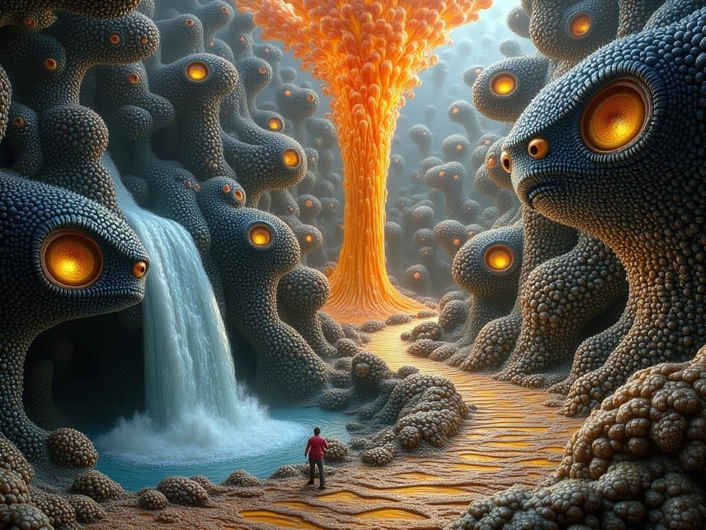 Surreal Fractal Landscape with Iridescent Blue and Gold Tone...