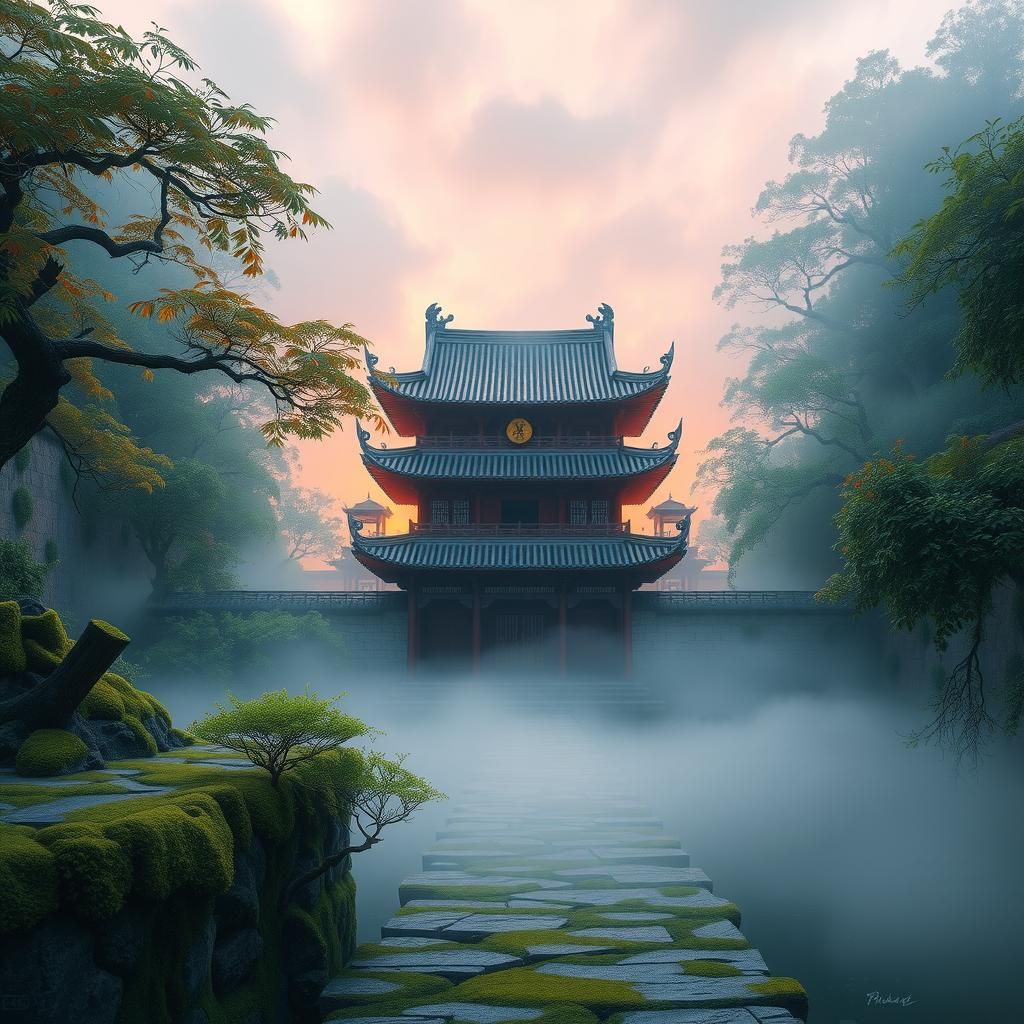 Serene Temple Gong in Misty Morning Light