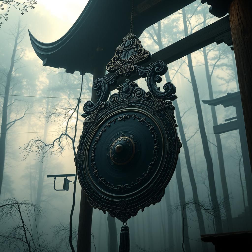 Ornate Gong in Misty Forest, Digital Art