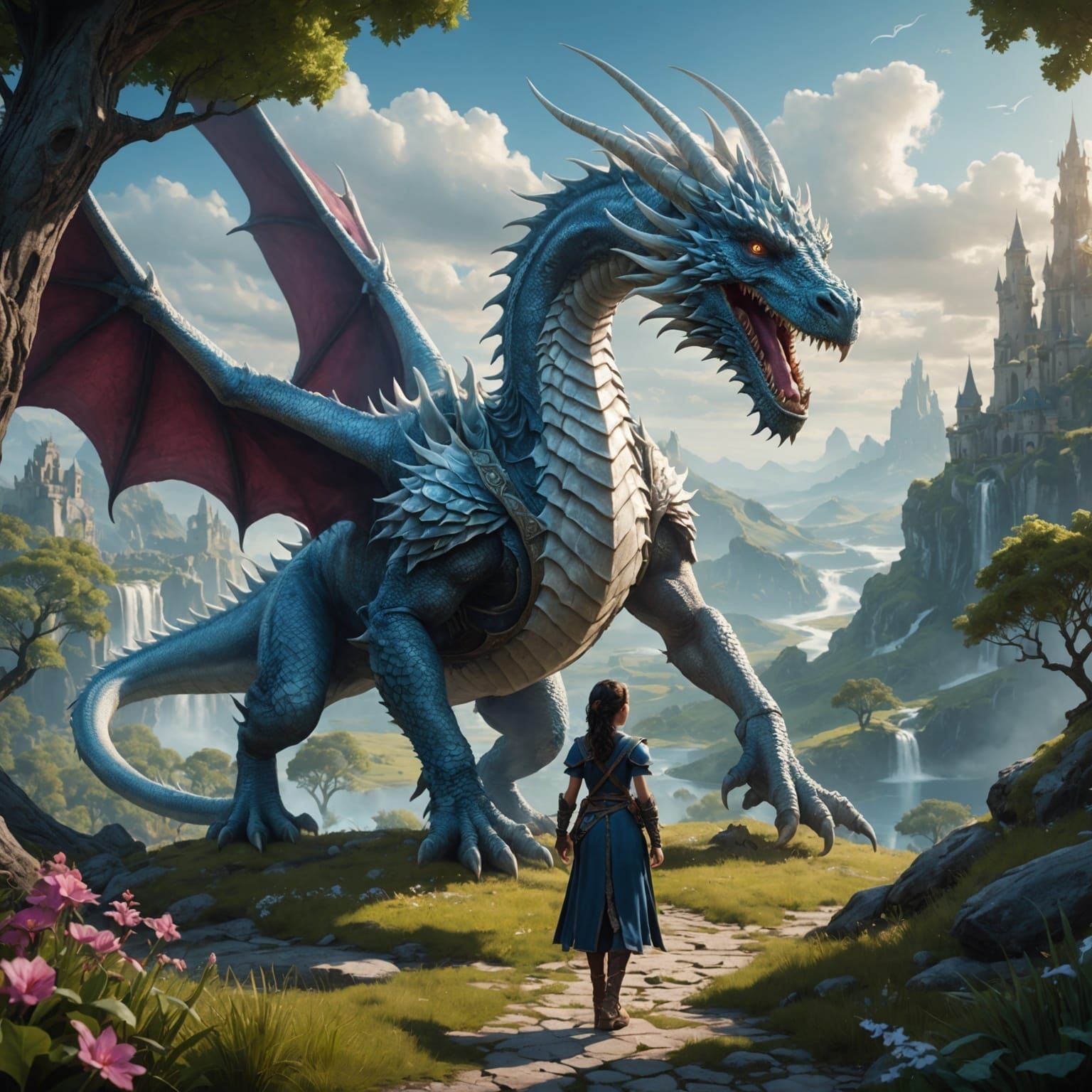 Girl and White Dragon in Magical Landscape