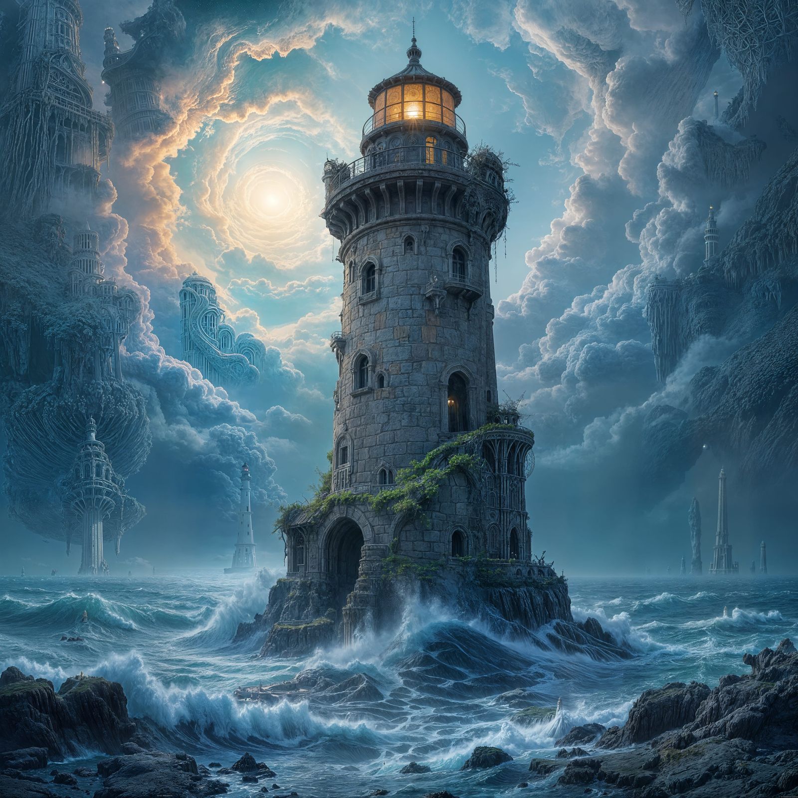 Ancient Lighthouse in Phosphorescent Ocean Under Nebula Sky