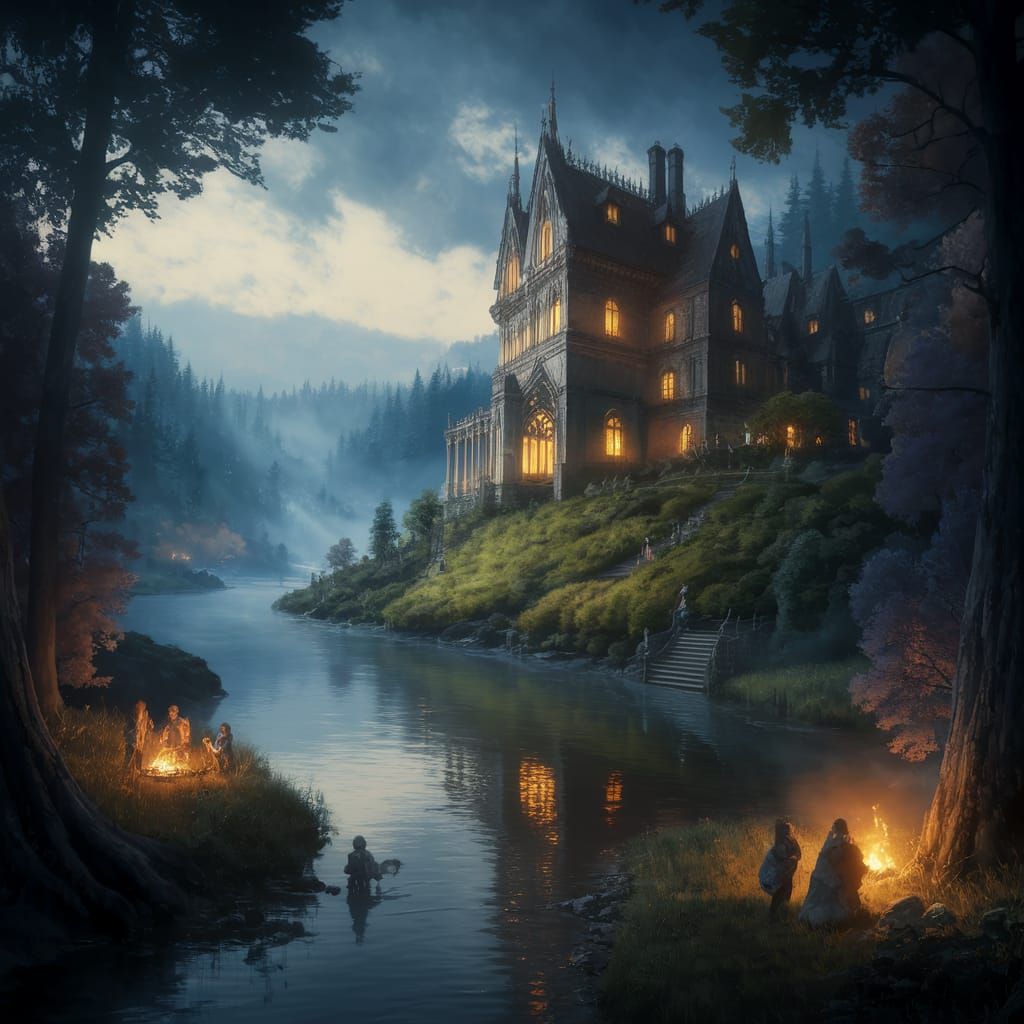 A breathtaking fantasy landscape featuring a grand, gothic-s...