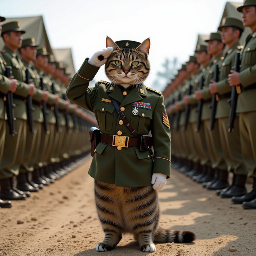 Tabby Cat in Army Uniform Saluting Troops