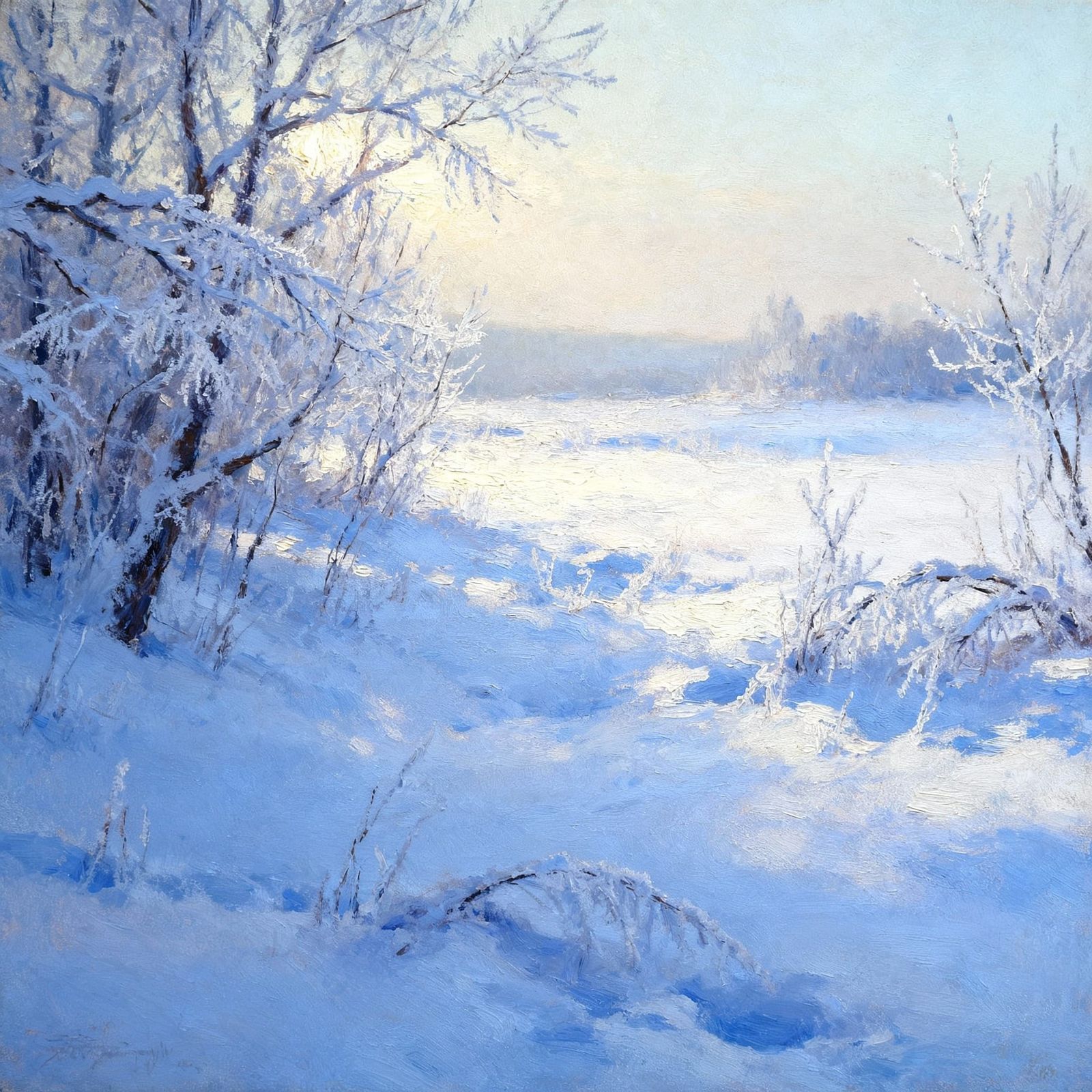 Serene Snowy Winter Landscape with Soft Sunlight