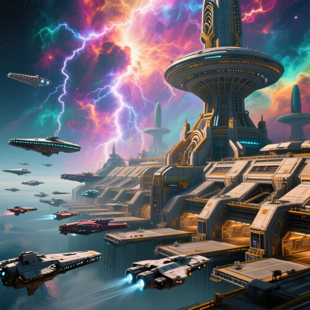 Colossal Alien Space Station Amidst Vibrant Nebula