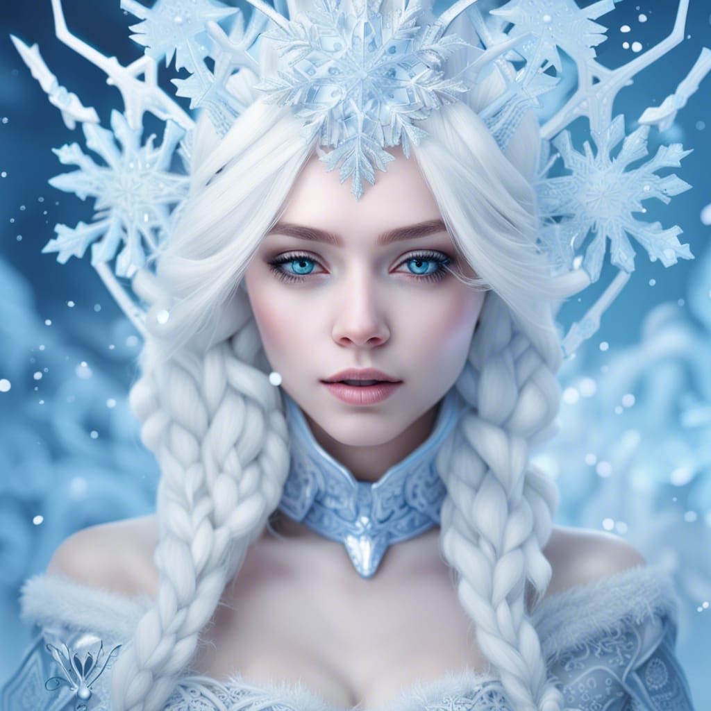 Beautiful Ice Queen Portrait with Snowflake Dress