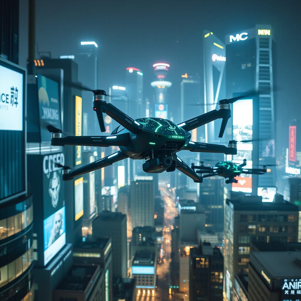 Bioluminescent Drones Navigate Cyberpunk Metropolis