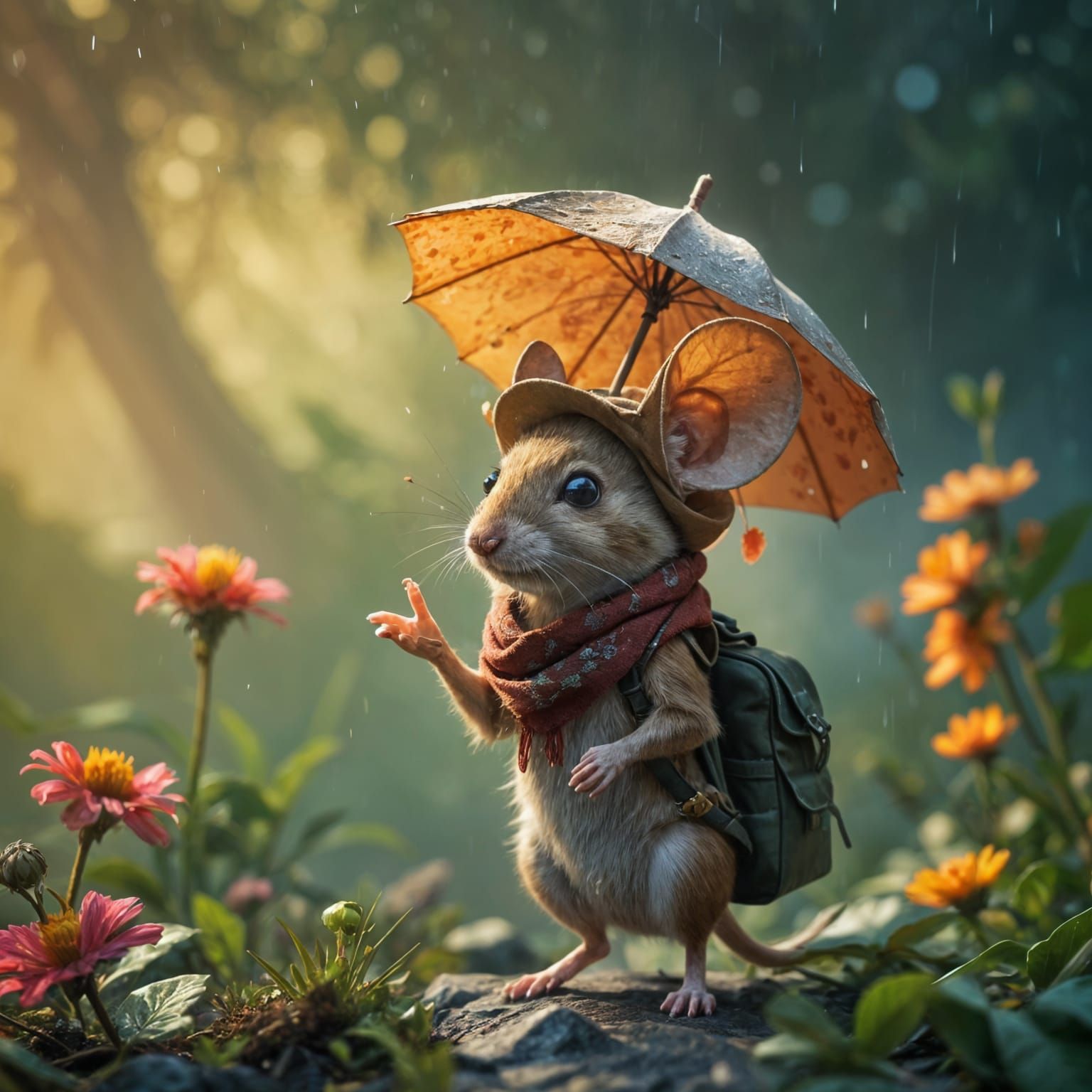 Whimsical Mouse Traveler in Muted Landscape