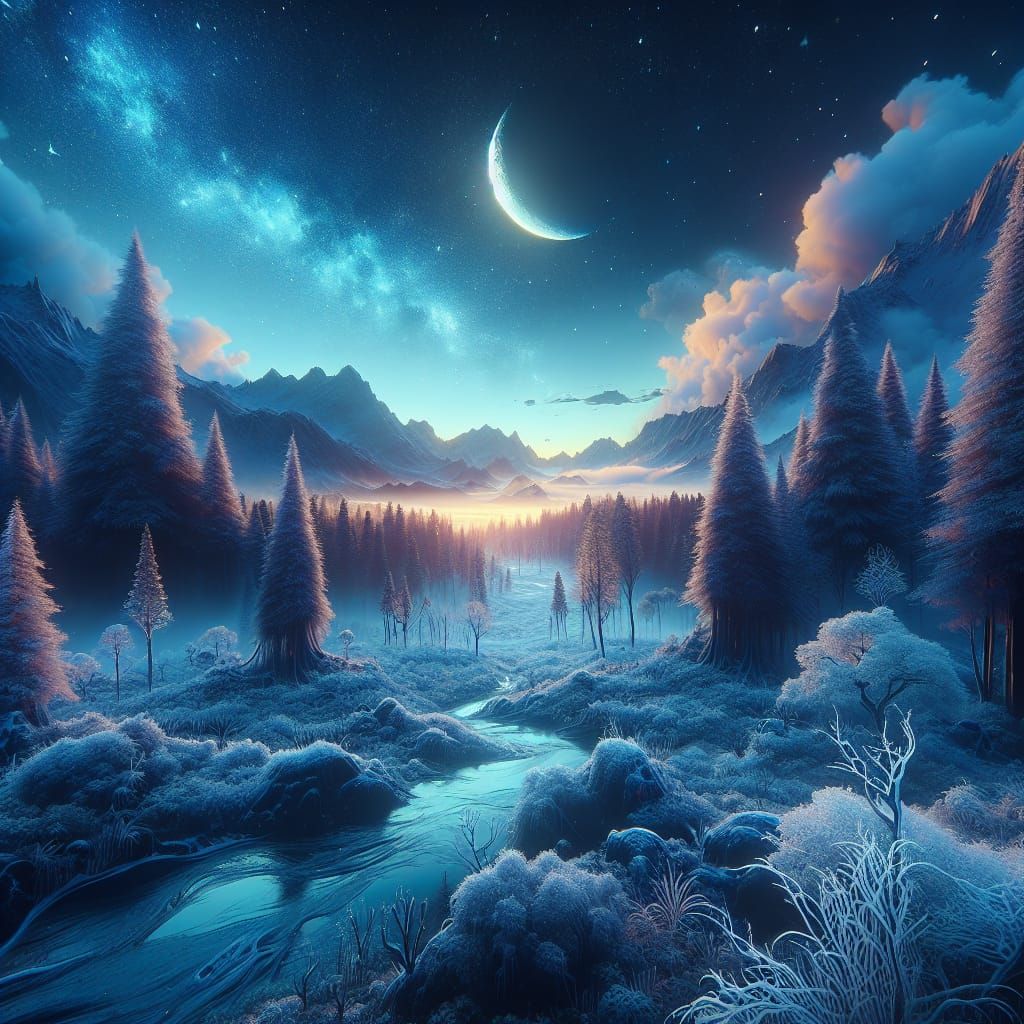 Surreal Frosty Dreamscape in Midnight Skies
