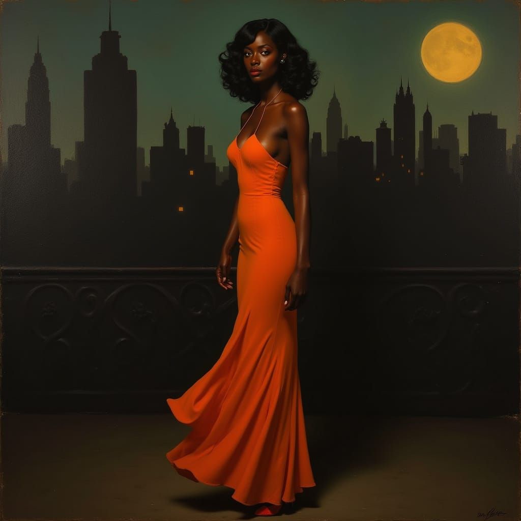 Elegant Woman in Orange Gown, Noir Portrait