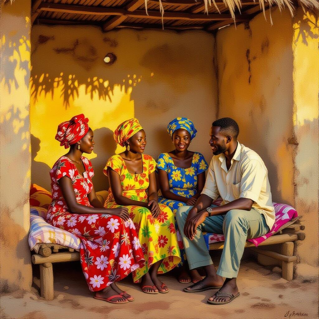 Man and Women in African Village Shelter at Sunset