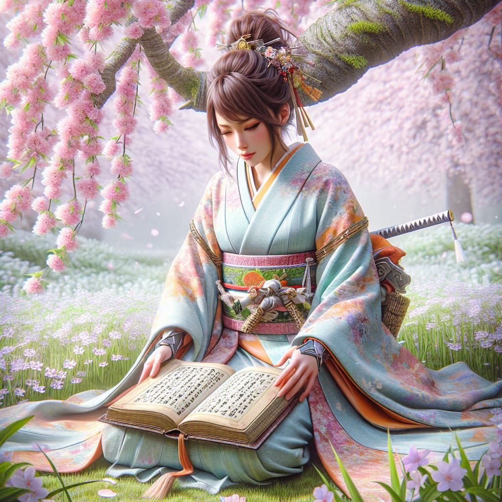 Japanese Warrior Reading by Cherry Blossom Tree