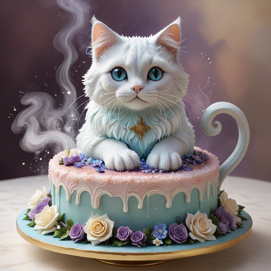 Magical Cat Cake with Coffee Icing in Ethereal Style