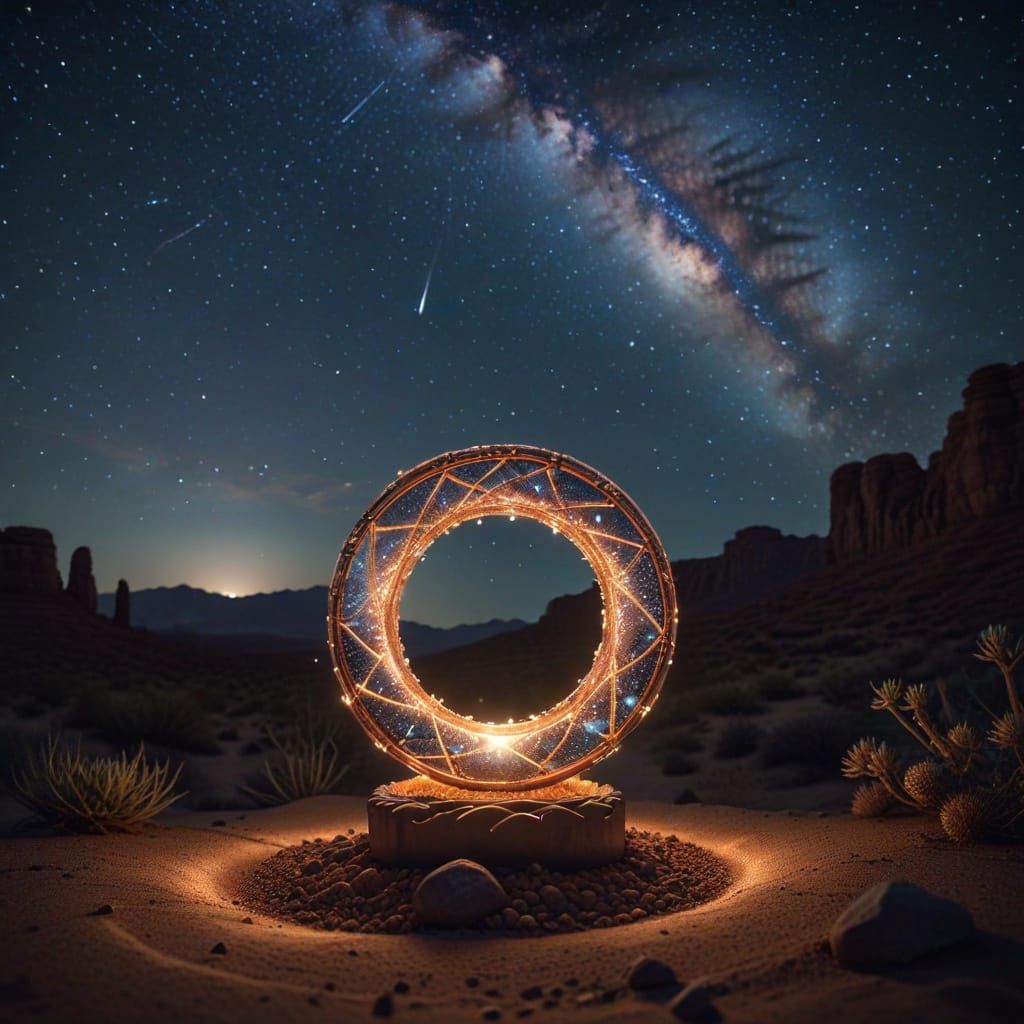 Copper Tensor Ring Under Starry Night Sky with Light Pillar