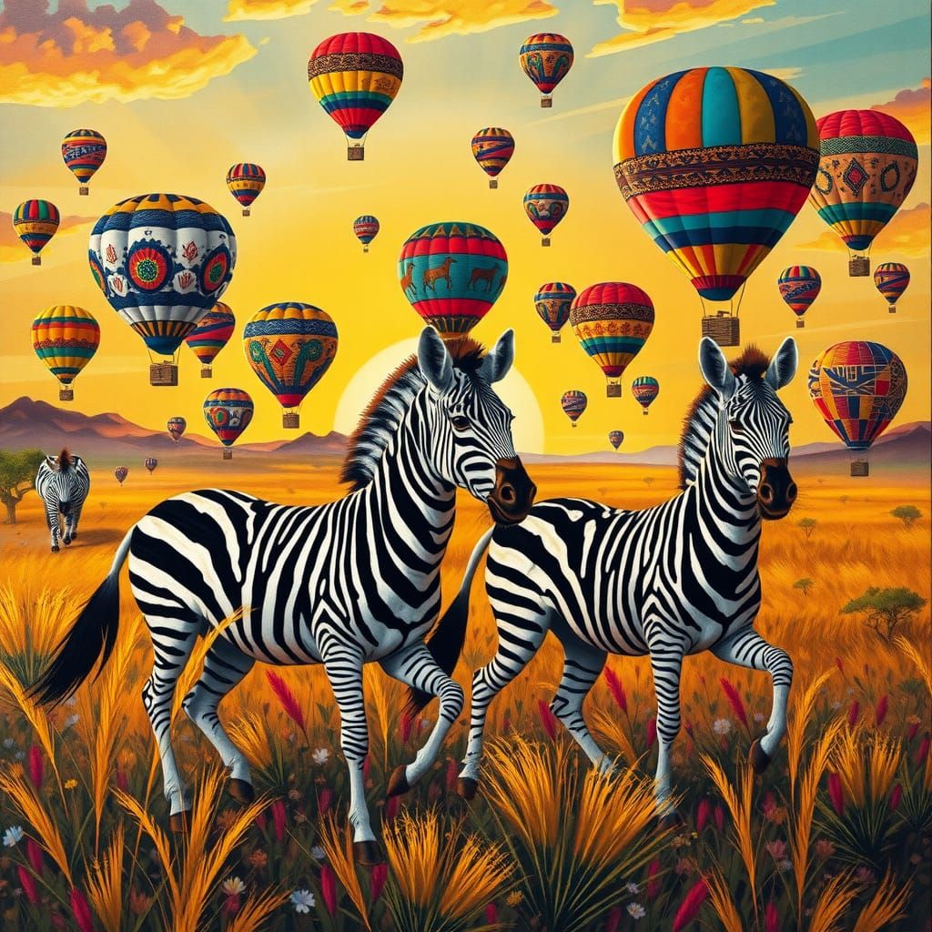 Zebras and Hot Air Balloons in Cubist Style