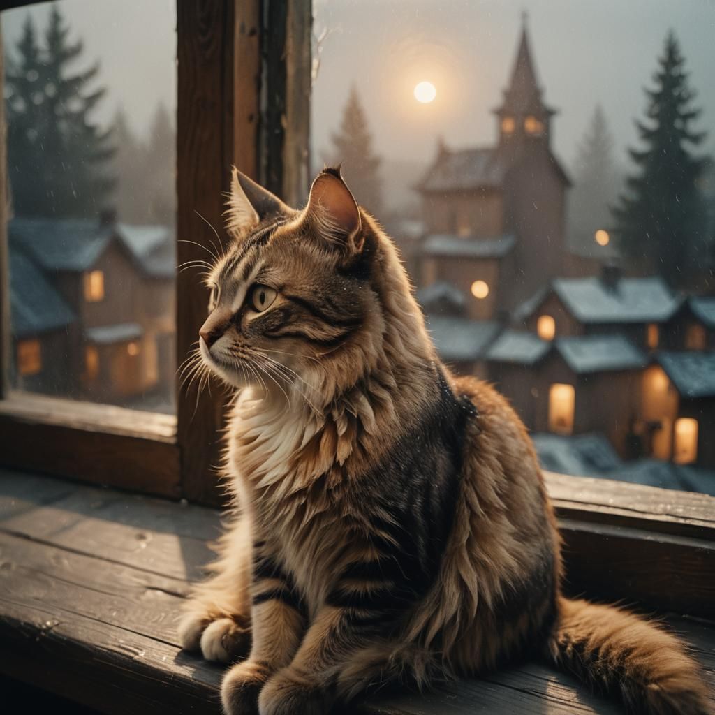 Cute Cat Gazing at Misty Moonlit Night