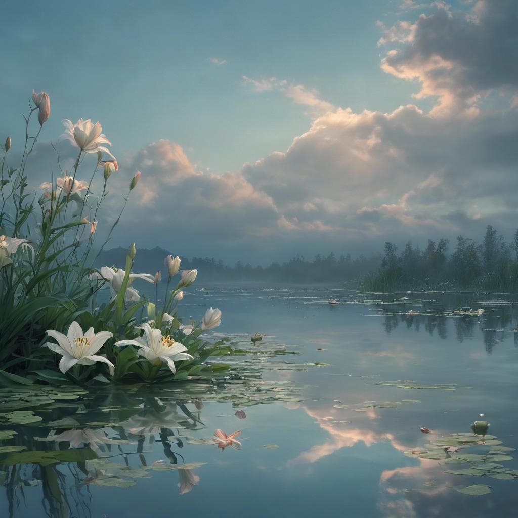Dreamlike Pond at Dusk: A Matte Painting of Lilies