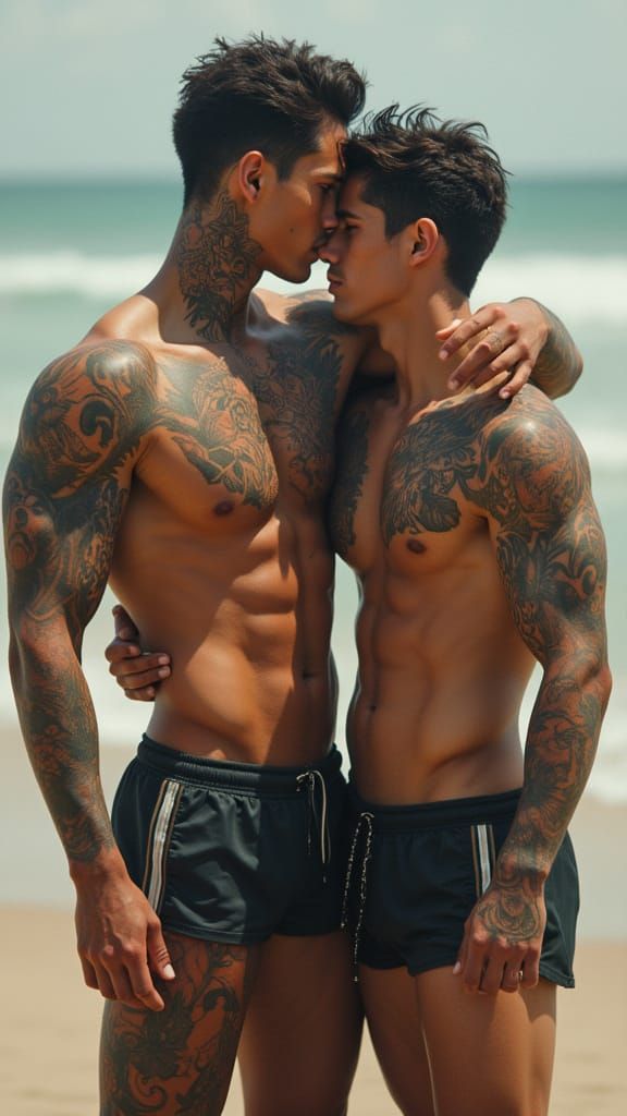 Toned Latino and Music Lover Embrace on Sunset Beach
