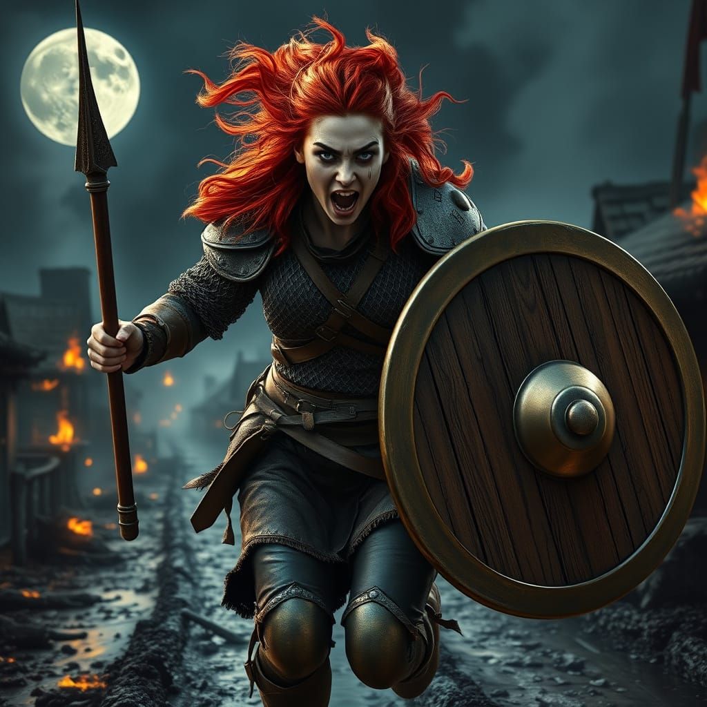 Fierce Red-Haired Viking Woman in Burning Village
