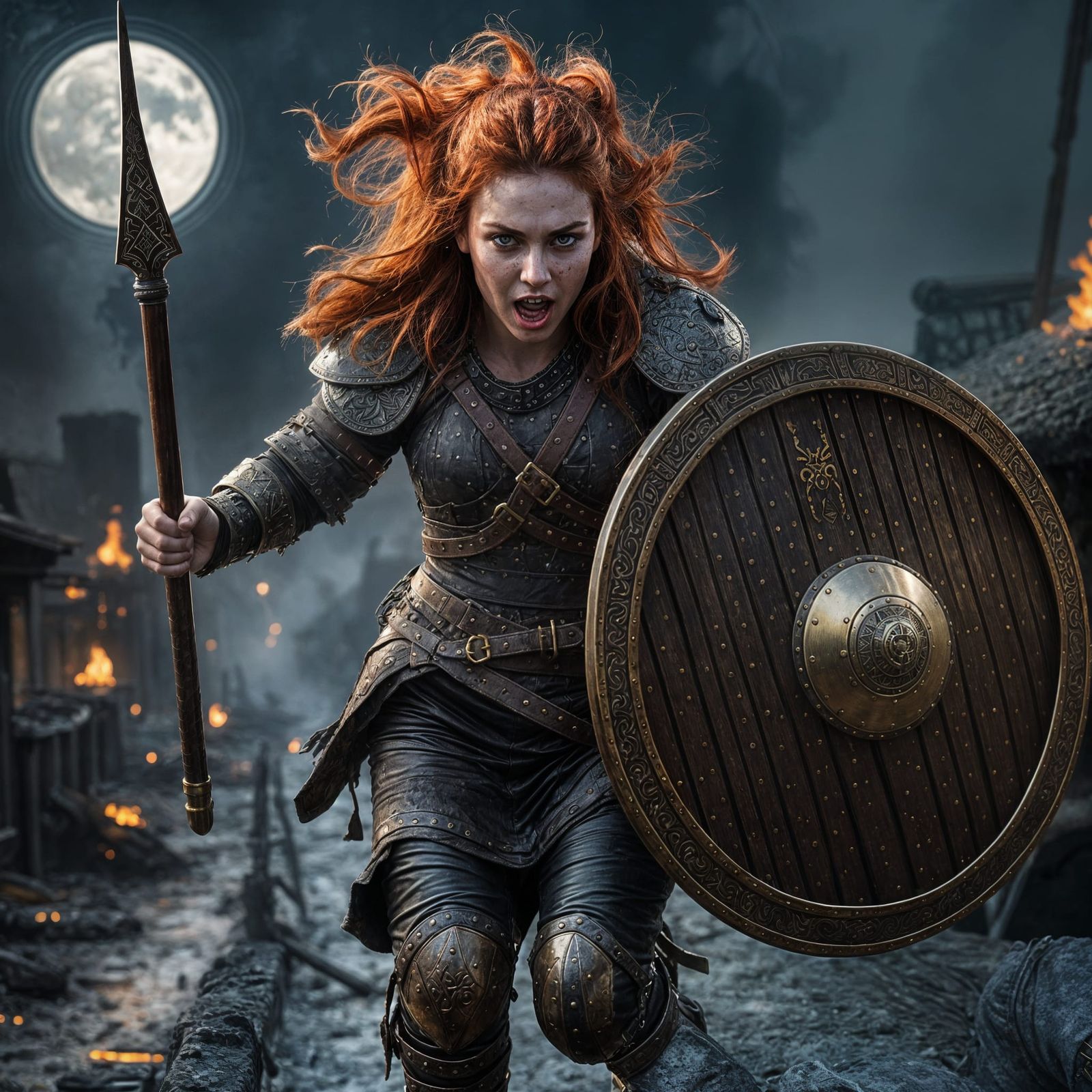 Fierce Red-Haired Viking Woman in Armor