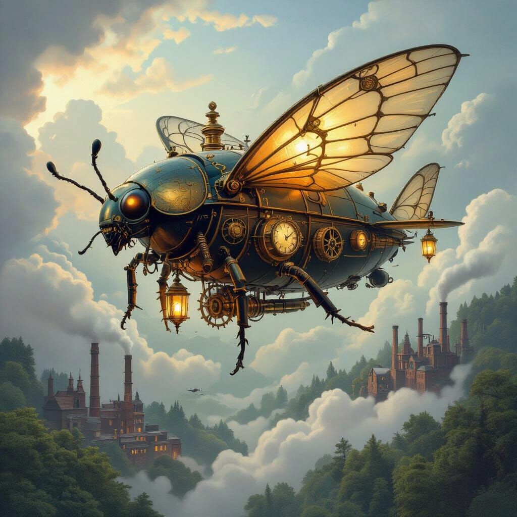 Steampunk Beetle Airship Amidst Clockwork Skies