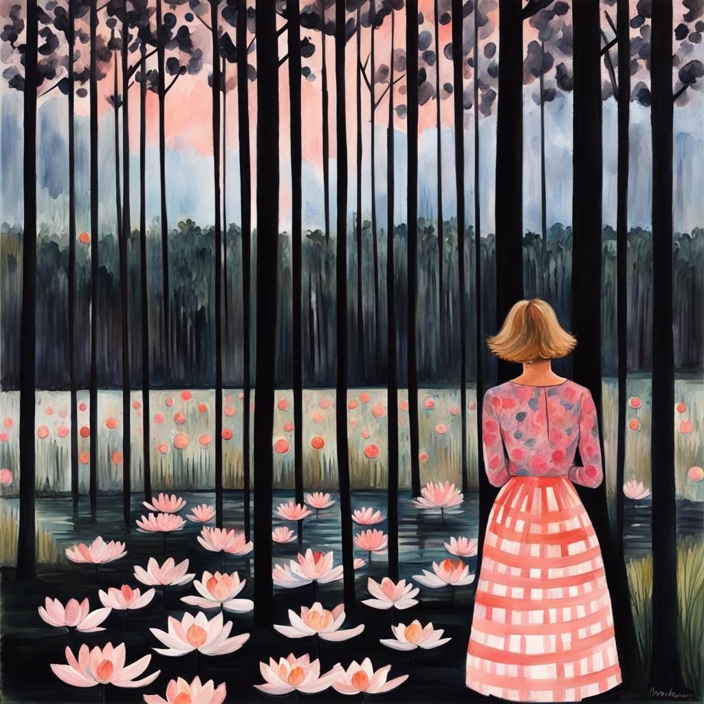 Woman Hidden in Black Landscape: Impressionist Gouache