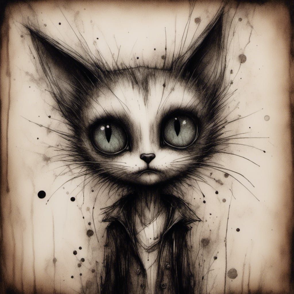 Gothic Kitten Portrait in Tim Burton Style