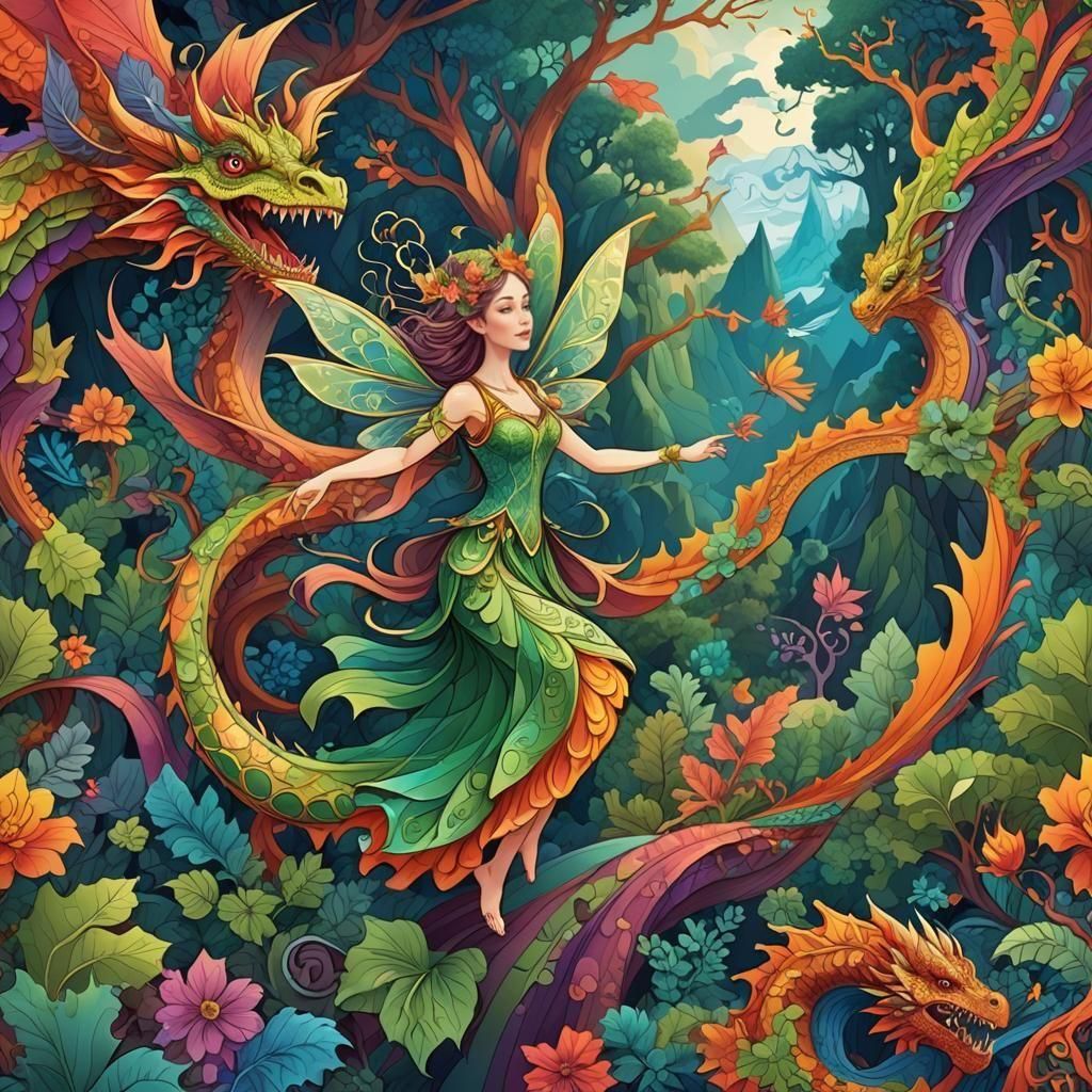 Fairy and Dragon Dance in Vivid Colors