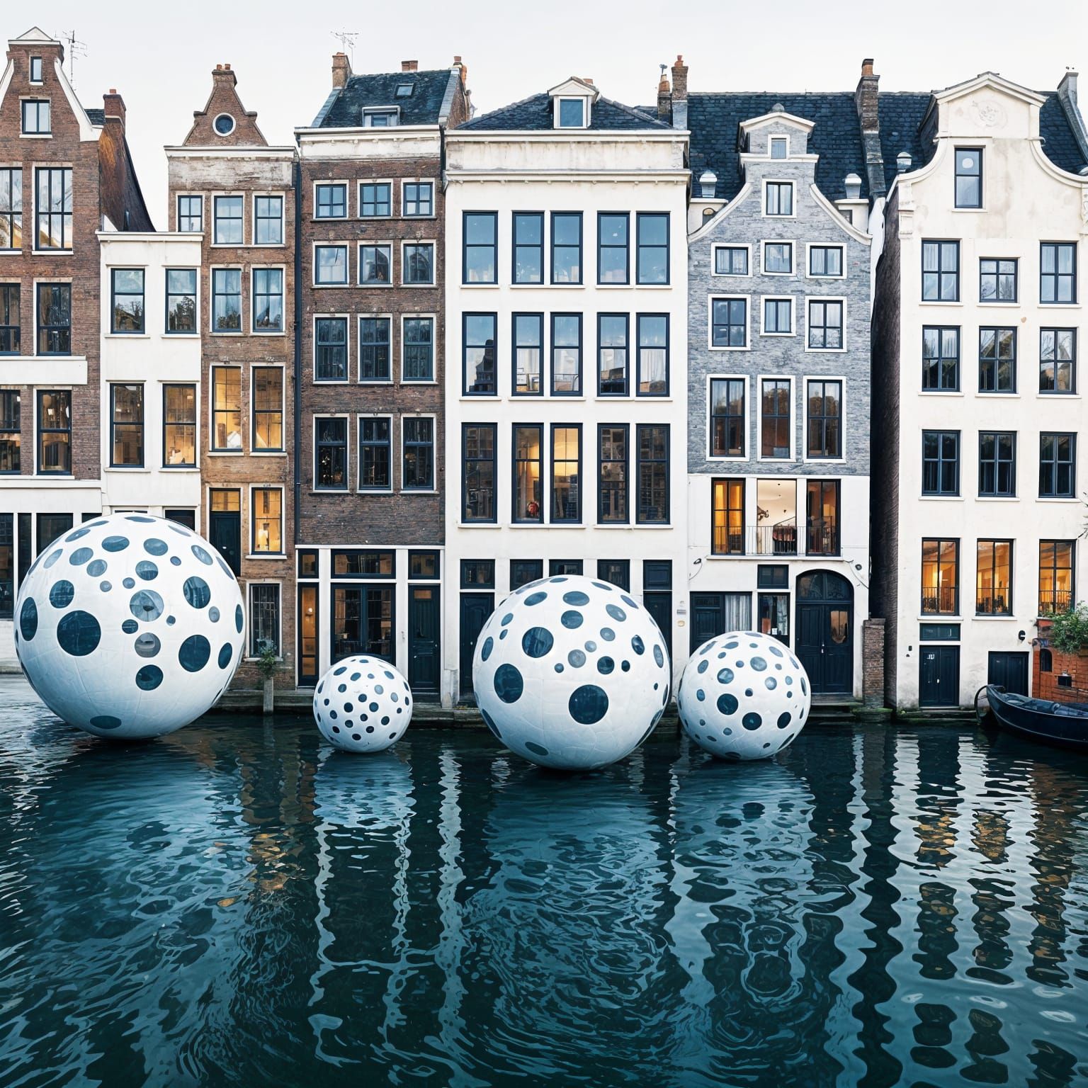 Illuminated Spheres with Paintings Floating in Canal