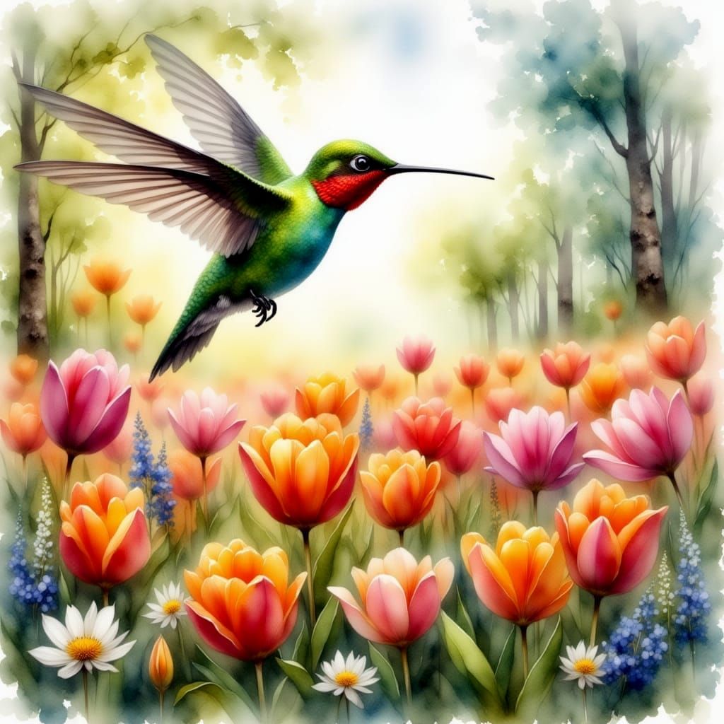 Hummingbird Surveys Giant Tulip Field in Watercolor Style