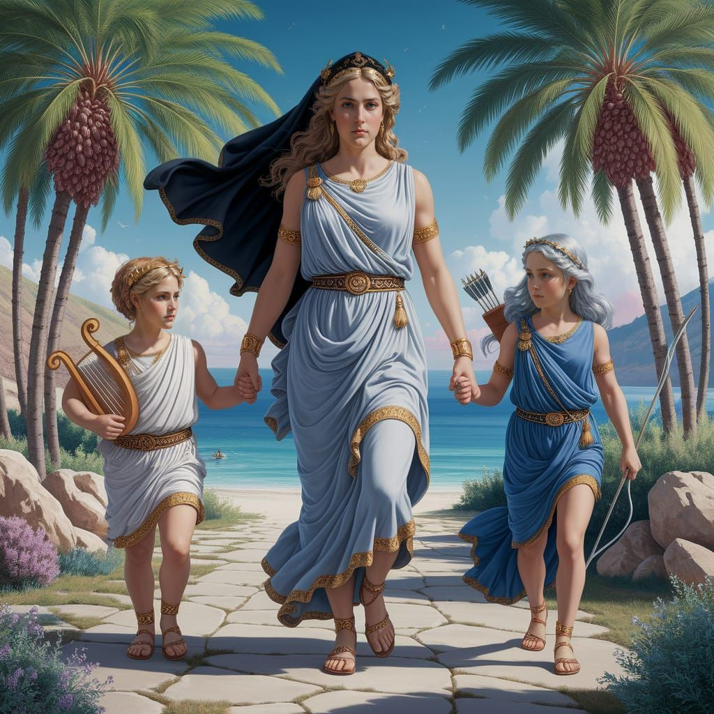 Greek Goddess Leto with Apollo and Artemis in Ancient Island...