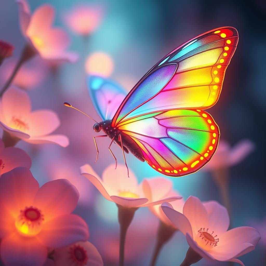 Bioluminescent Rainbow Butterfly in a Glowing Flower Field