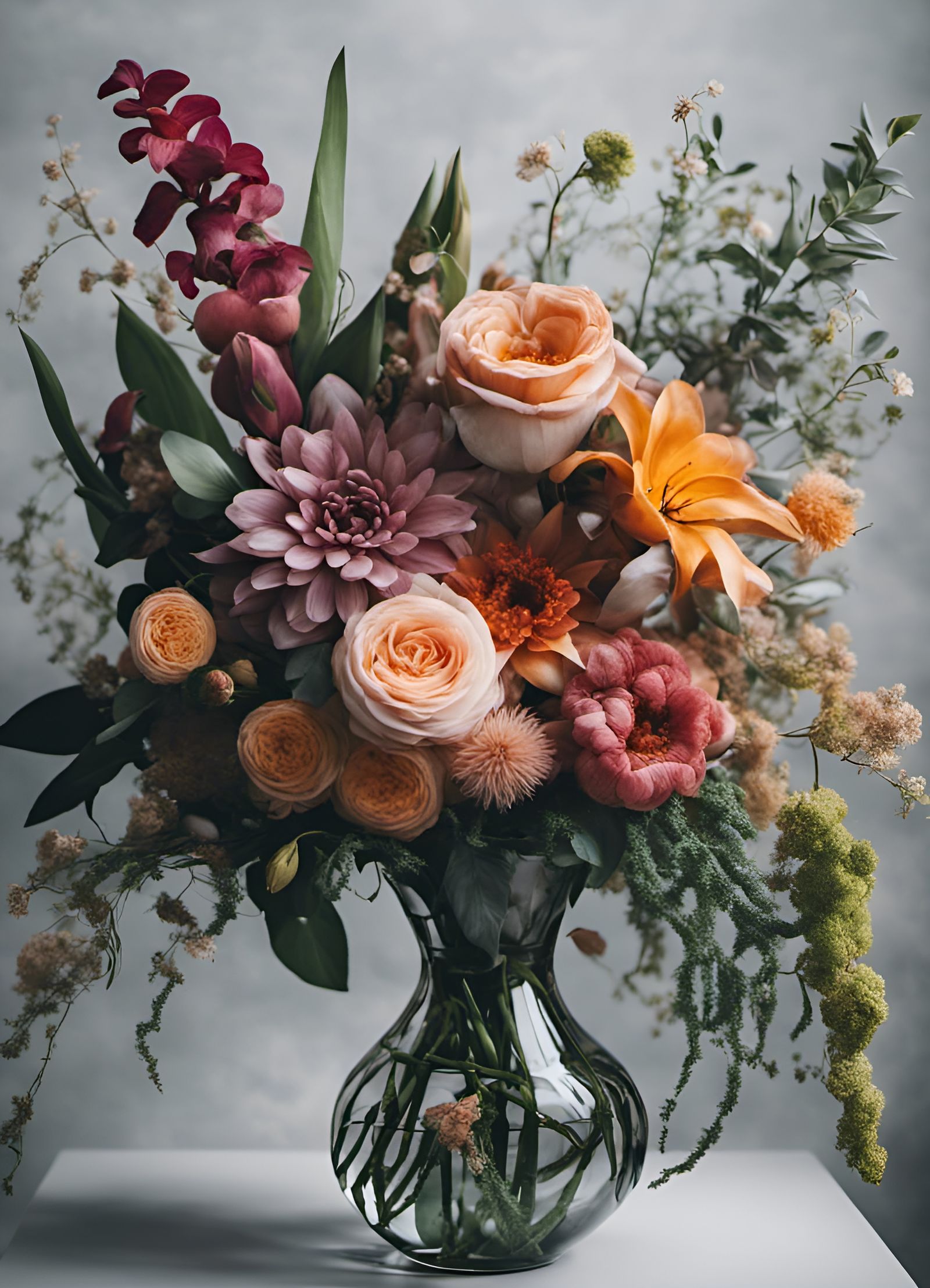 Exotic Flowers Bouquet in Glass Vase: Hyper-Real Photography