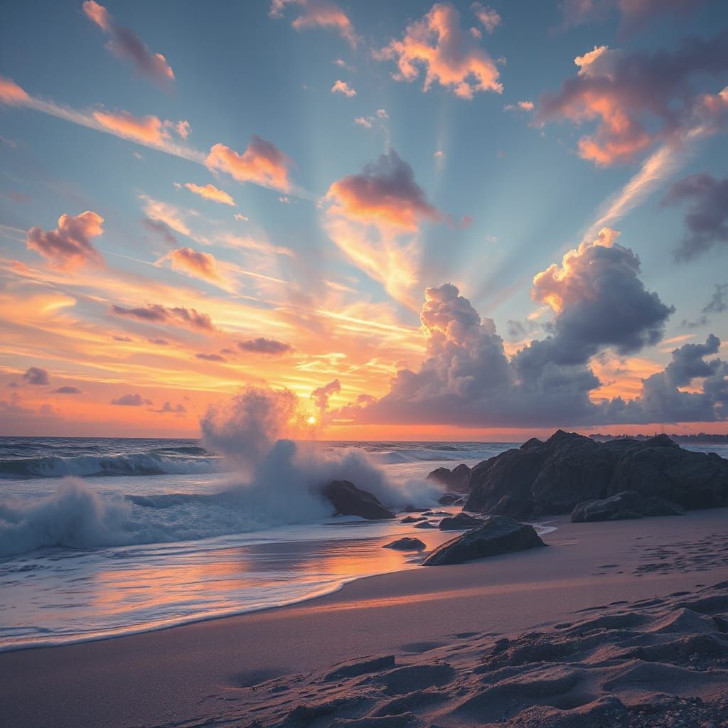 Sunset on a Dreamy Beach in Whimsical Fantasy Style