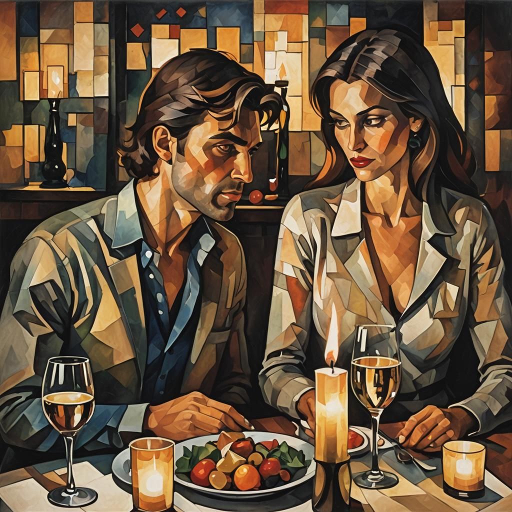 Romantic Dinner in Cubist Style with Candlelight