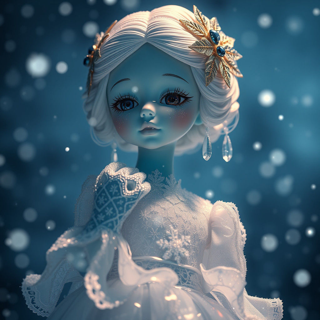 Icy Porcelain Doll in Frosty Night Sky