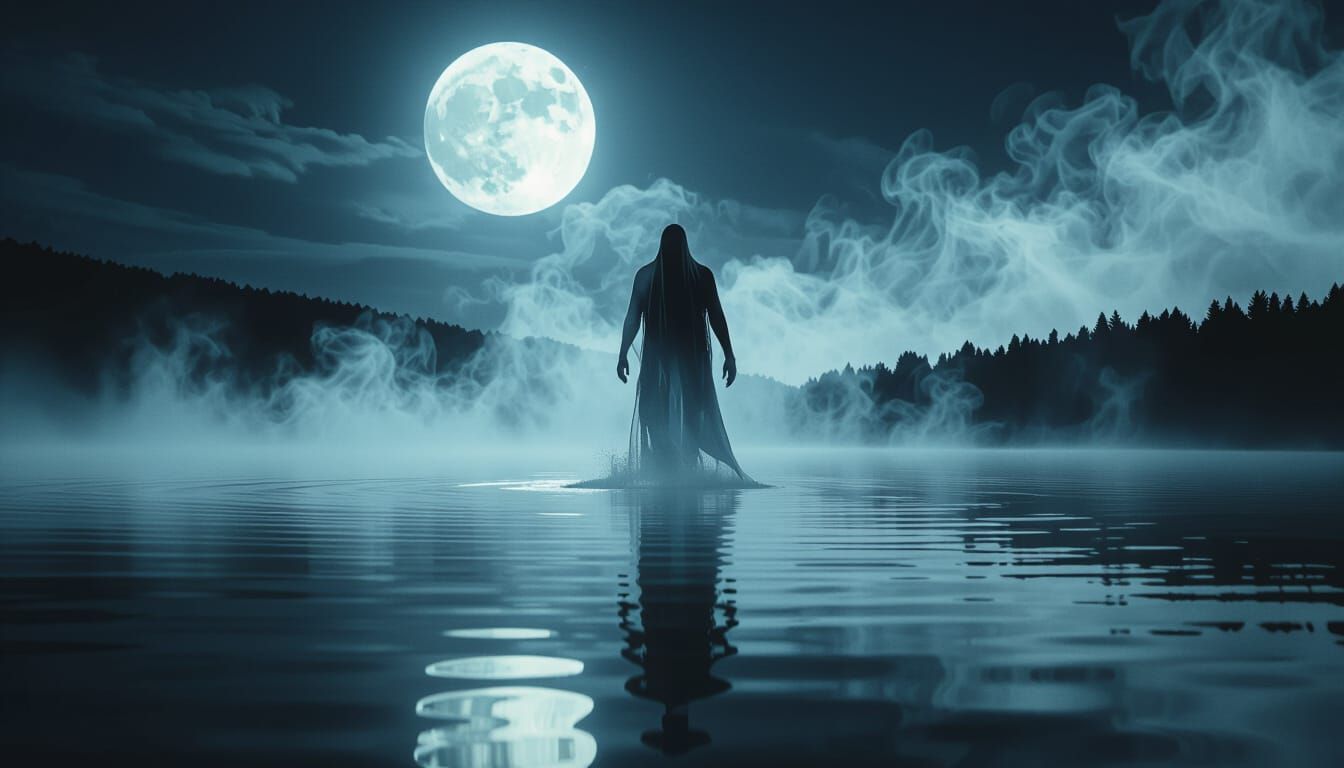 Ghostly Figure Strides Across Moonlit Lake