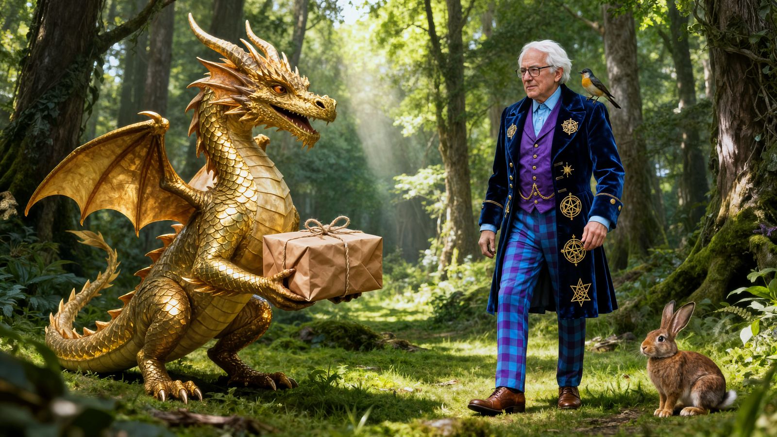 Gold Dragon Delivers Package to Victorian Bernie Sanders