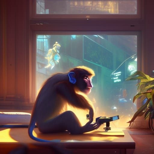 Monkey Gamer in Hyperdetailed Lighting Style