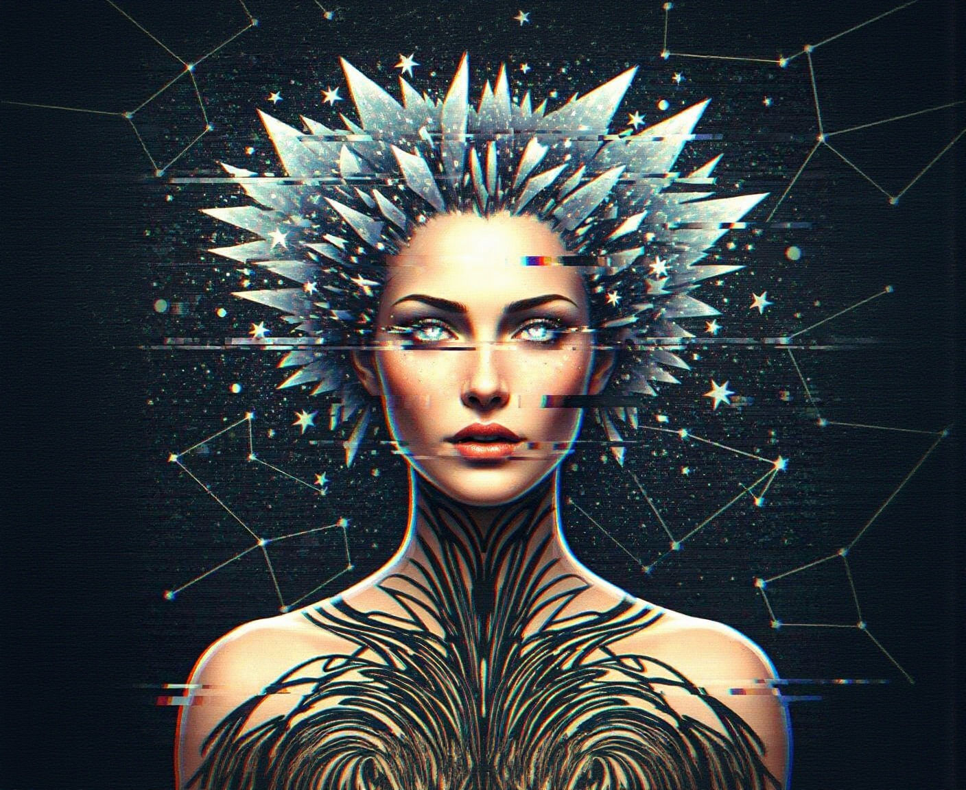 Bioluminescent Woman with Digital Glitches, in Art Nouveau S...