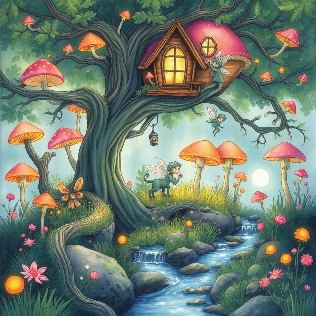 Magical Mushroom Forest Treehouse with Sprites